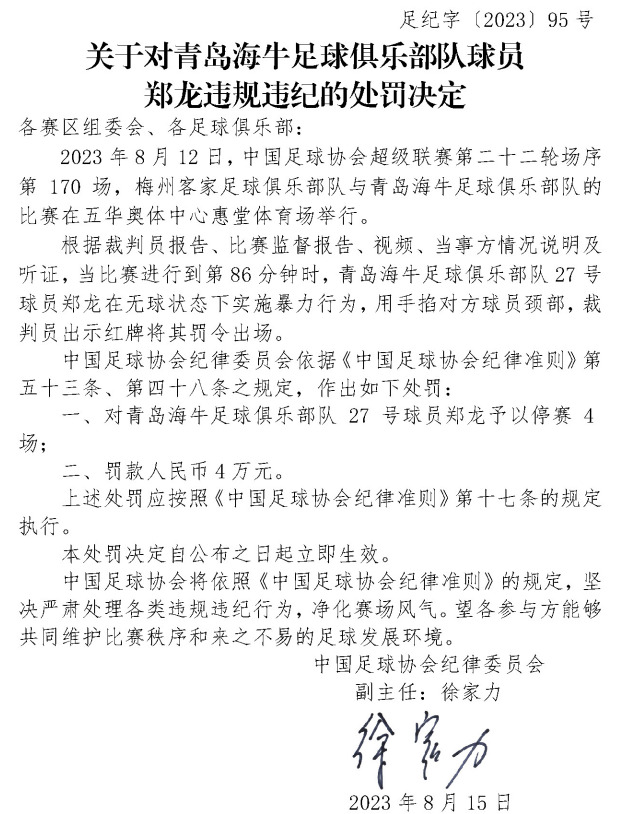 中超郑龙暴力掐人颈部被停赛4场 蔡晓彬辱骂球童